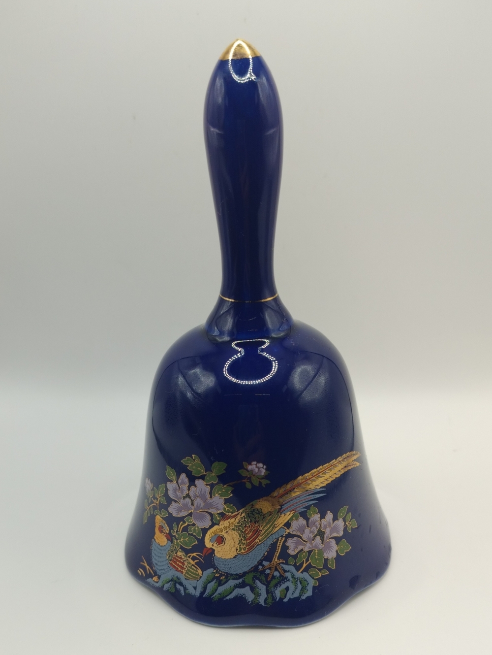 Vintage Japanese Cobalt Blue Porcelain Bell With Pheasants
